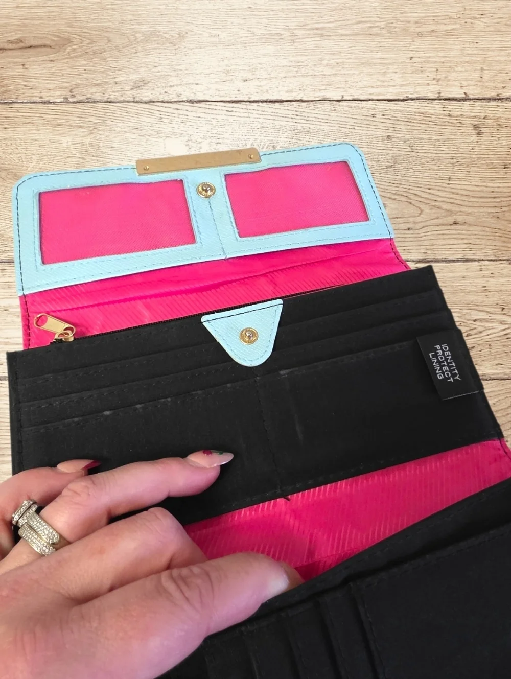Tahari Light Blue Clutch Wallet RFID Snap Closure Multi Compartment